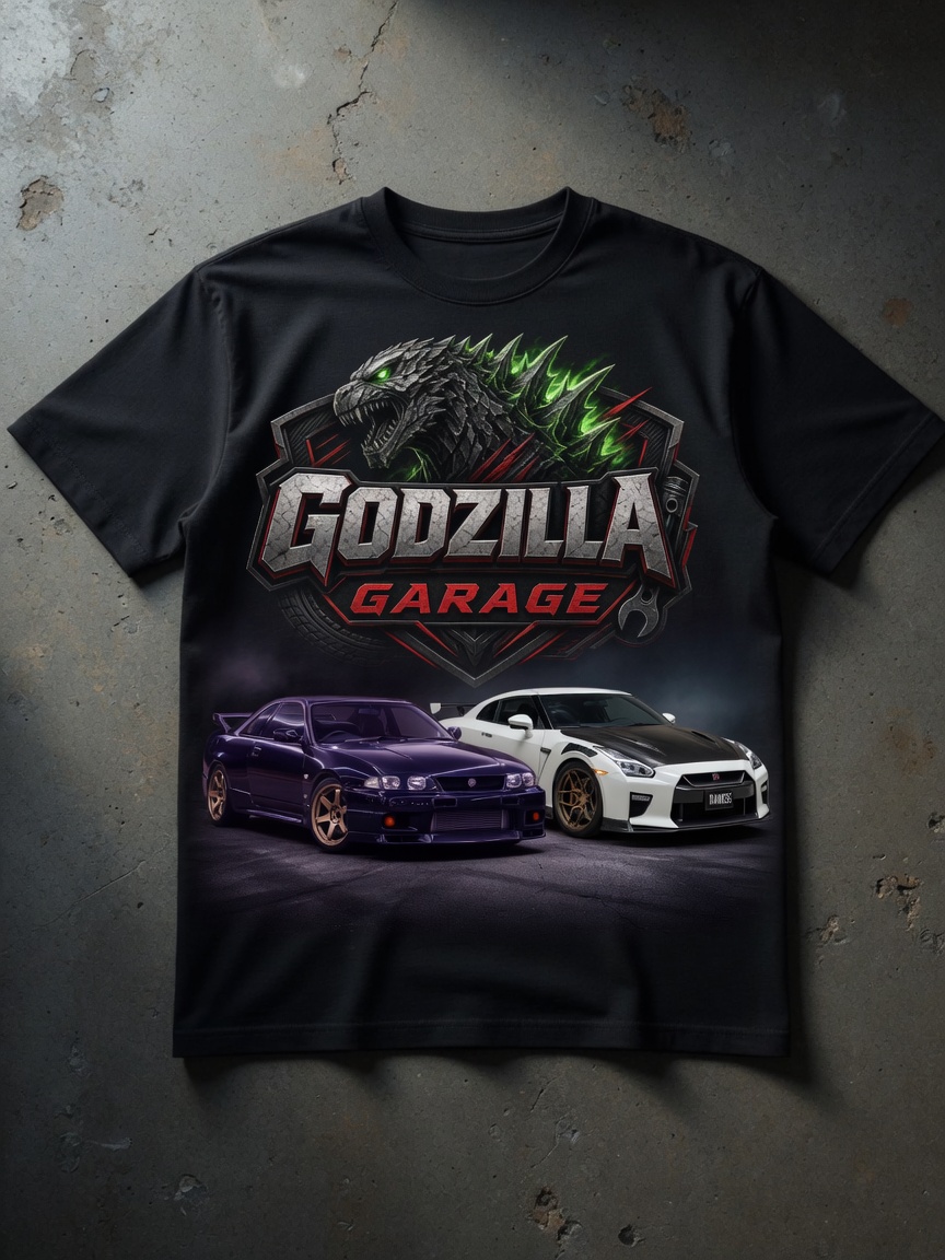 Black t-shirt with logo and both GT-Rs